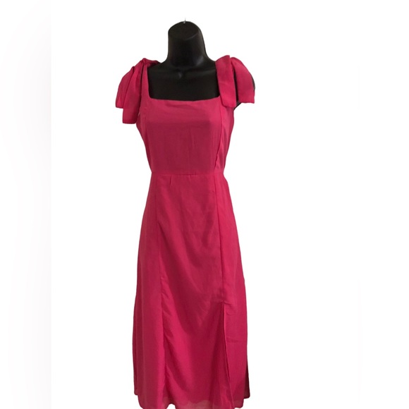 Pink square neck shoulder tie straps front slit chiffon style size medium new - Picture 10 of 15